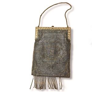 ANTIQUE Victorian French Microbead‎ Purse and Mirror Satin Lining Chain Handle